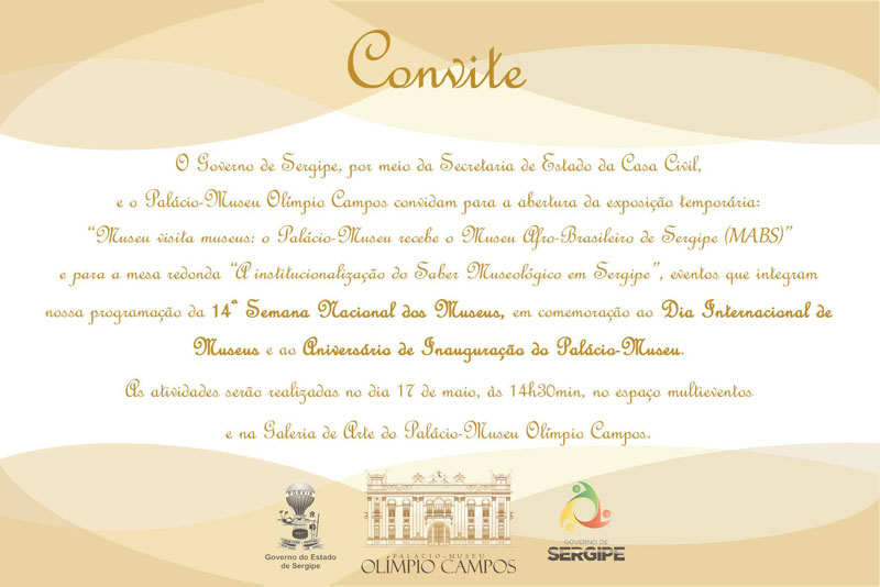 Convite para a 14ª Semana Nacional dos Museus, no Palácio-Museu Olímpio Campos